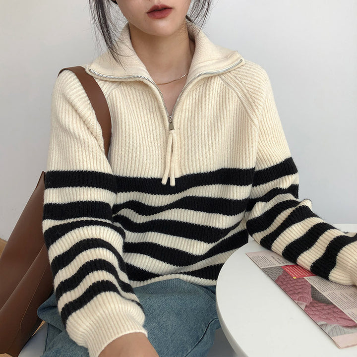Women's striped sweater with mid-length zip and casual fit Lune London