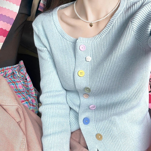 Fine knit jacket for women with colorful buttons and crew neck Lune London