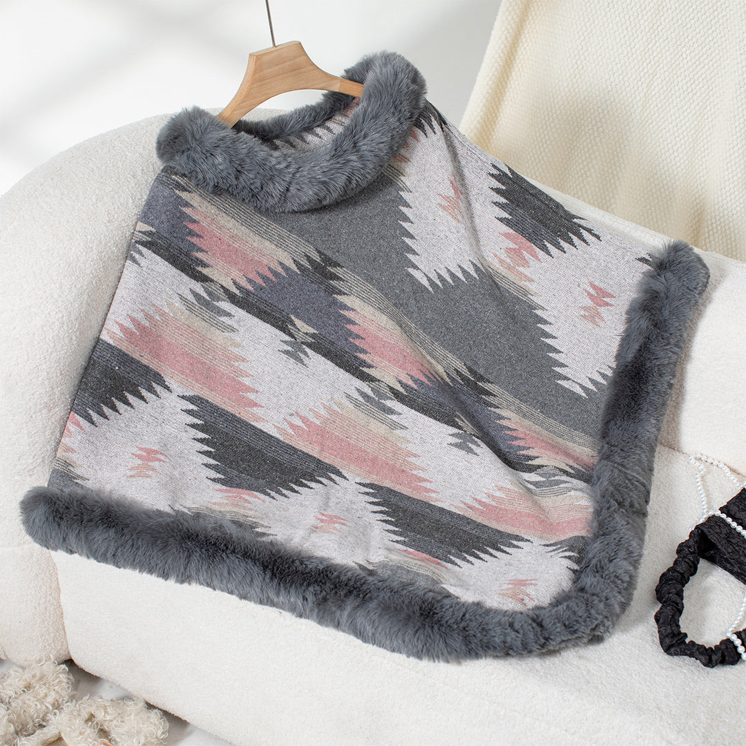 Women's plush sweater with high-quality faux fur trim and geometric pattern Lune London