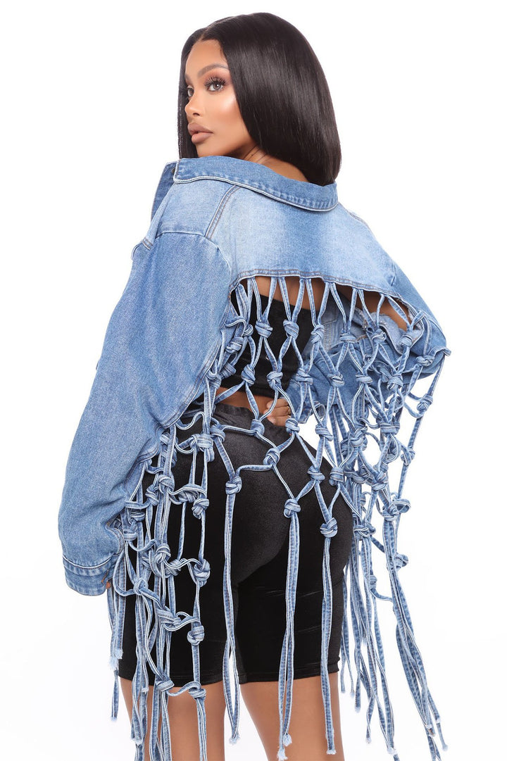 Denim jacket for women with a unique knot detail and a relaxed fit Lune London