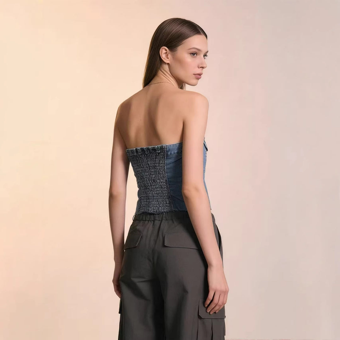 Women Denim Bustier Top with Button Detail and Fringes Lune London