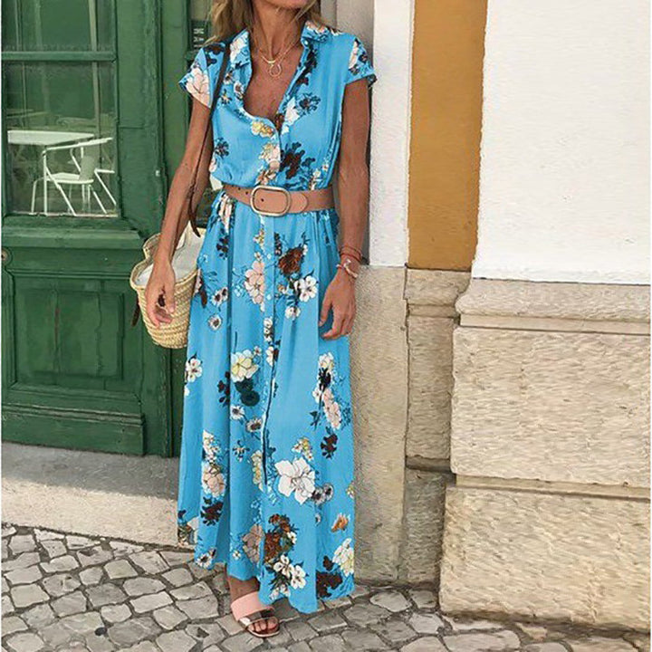 Maxi dress for women with floral pattern and elegant waist belt Lune London