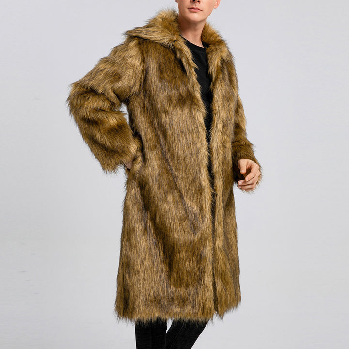 Long faux fur coat for men with high collar and luxurious inner lining Lune London