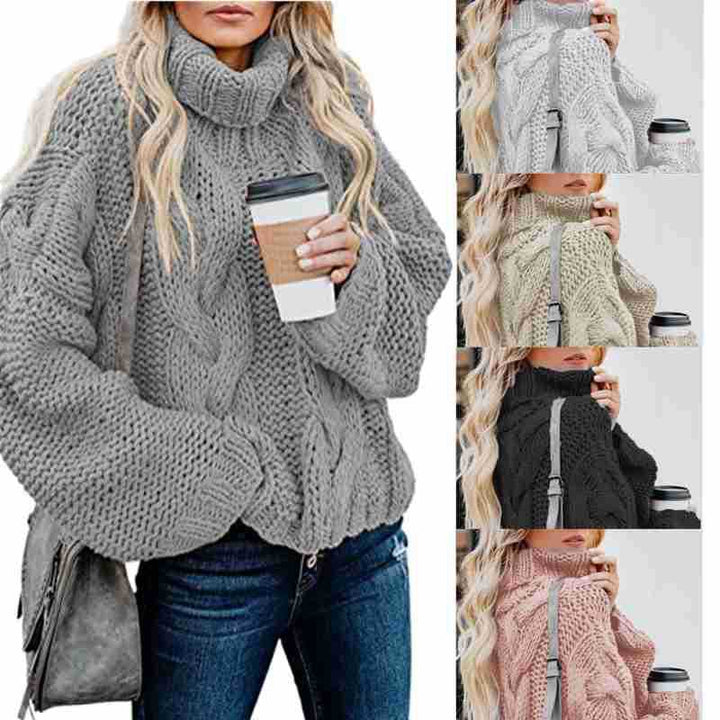 Thick knit pullover for women with high collar and twisted pattern Lune London