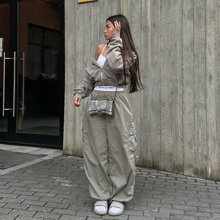 Casual utility style cargo pants for women with an elastic waistband and practical pockets Lune London