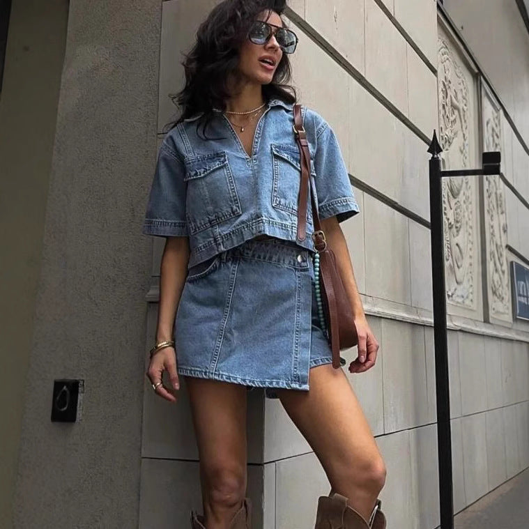 Women’s stylish denim crop top and skirt set Lune London