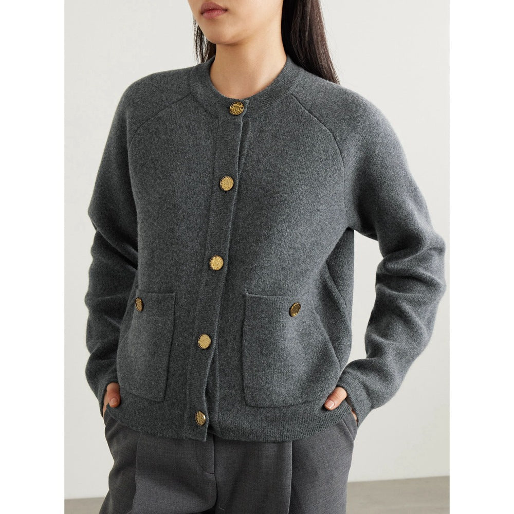 Ladies elegant knitted cardigan with golden buttons and practical pockets Lune London