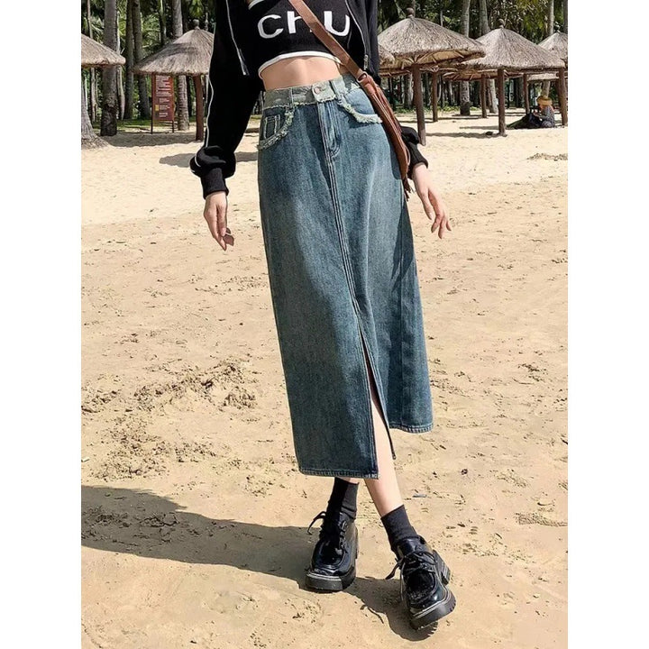 Jupe en denim longue pour femme avec fente haute Chic & Stil