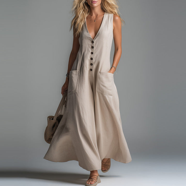 Women's elegant jumpsuit with deep V-neckline and practical pockets Lune London