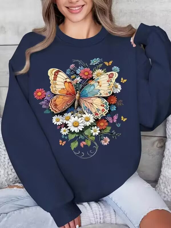 Sweatshirt à longues manches pour femmes avec imprimé floral de papillon Chic & Stil