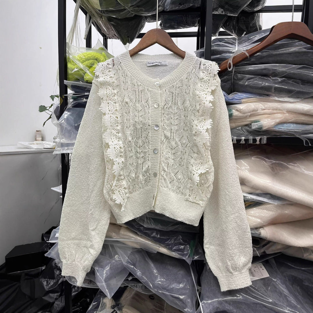 Knitted jacket for women with filigree crochet pattern Lune London