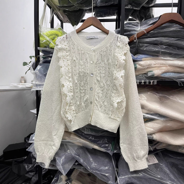 Knitted jacket for women with filigree crochet pattern Lune London