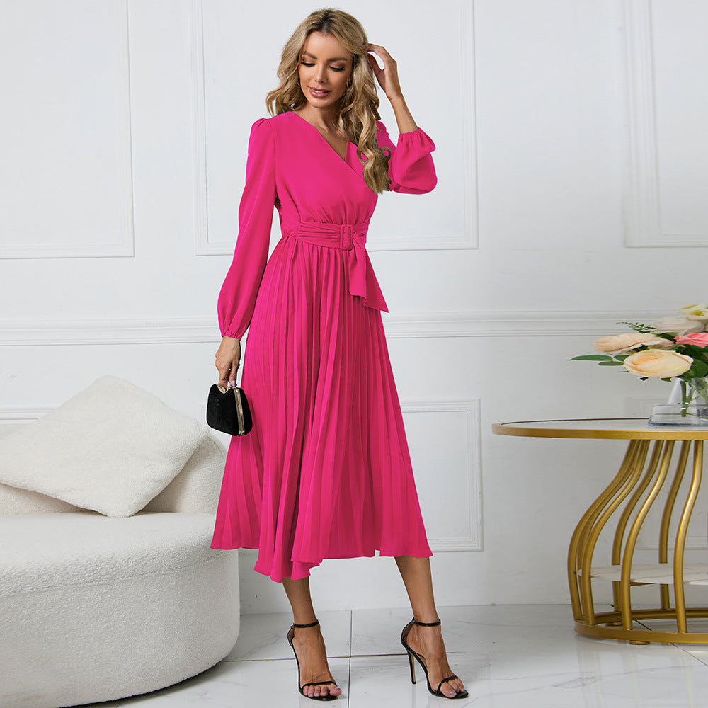 Wrap pleated dress for women with elegant V-neckline and belted waist Lune London