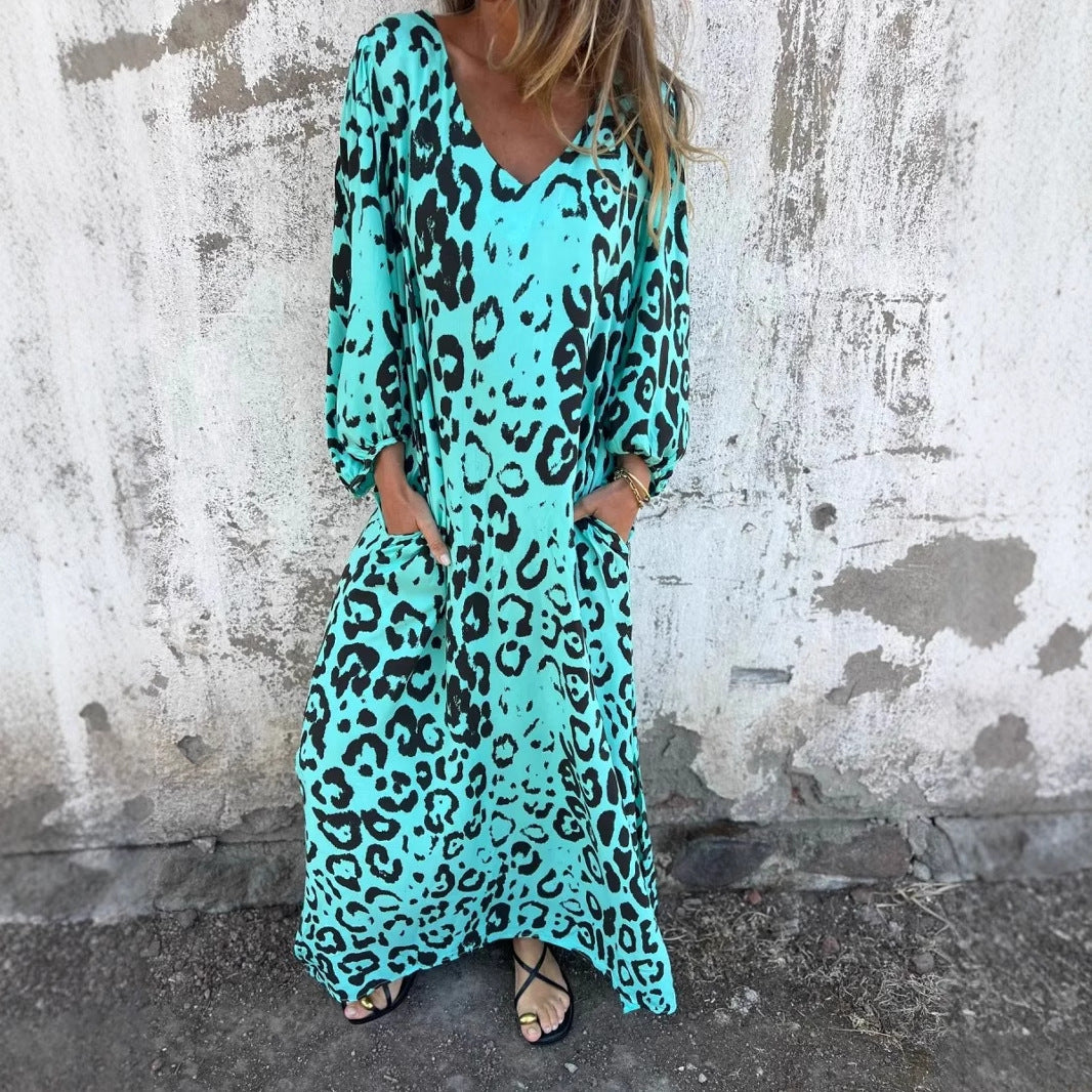 Maxi dress for women with an exclusive leopard pattern and practical side pockets Lune London