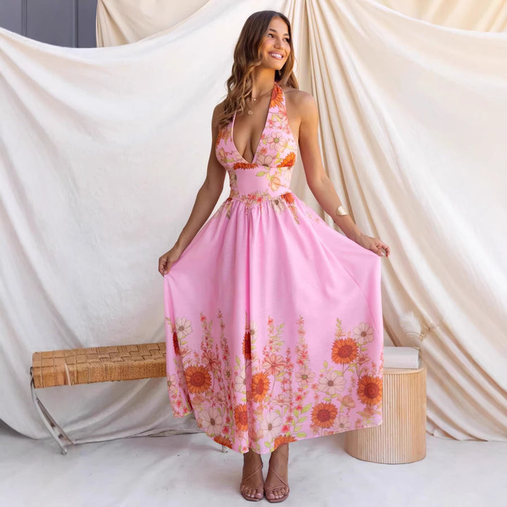 Women's maxi dress with deep V-neck and floral print Lune London