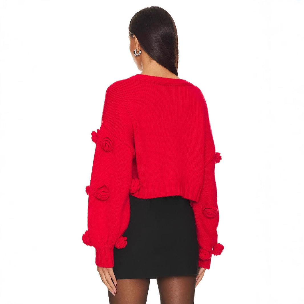 Playful cropped sweater for women with floral appliqués Lune London
