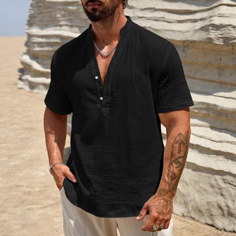 Casual long sleeve shirt for men with stand collar and modern button detail Lune London