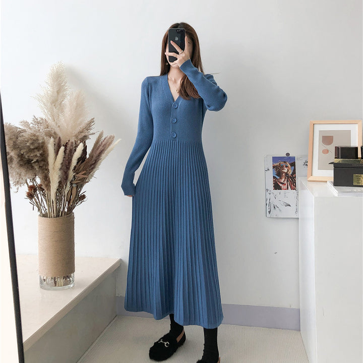 Knitted dress for women with V-neck and button details Lune London