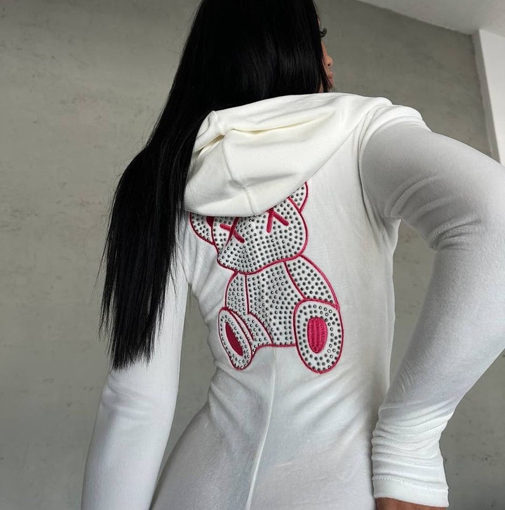 Hooded dress for women with sparkling bear pattern and fitted cut Lune London