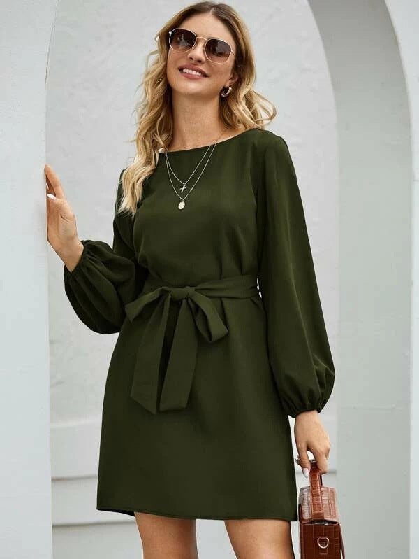 Ladies Elegant Dress with Balloon Sleeves and Waist Belt Lune London