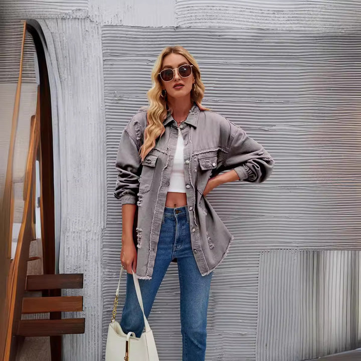 Oversized denim jacket for women with modern distressed details Lune London