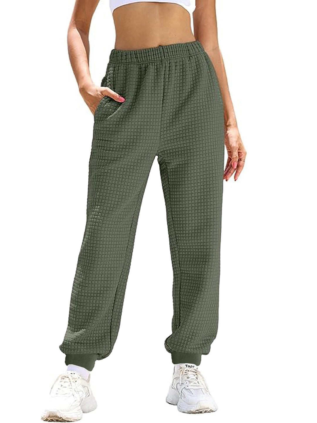 Women Comfortable Waffle Texture Sweatpants with Elastic Waist and Side Pockets Lune London