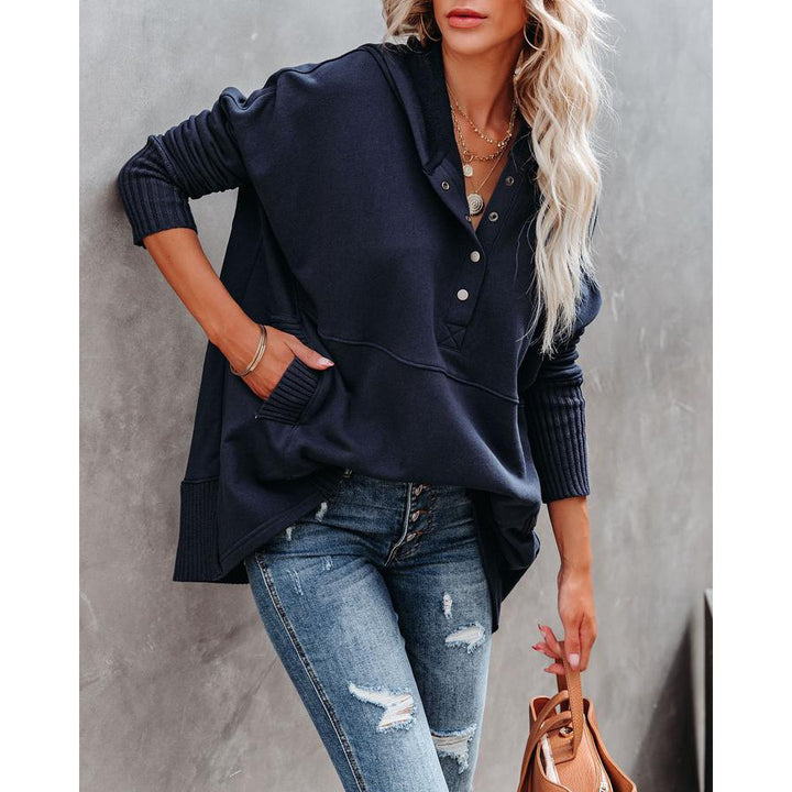 Casual sweater for women with button placket and hood Lune London