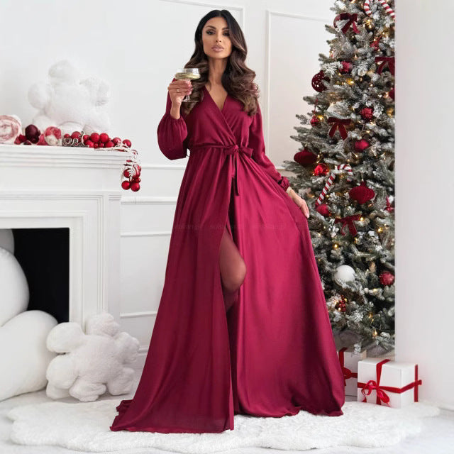 Elegant maxi dress with high slit for women with wrapped detail Lune London
