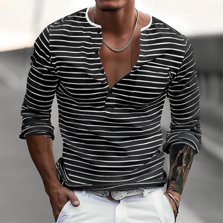 Men's casual long sleeve t-shirt with Henley neckline and striped pattern Lune London