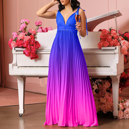Lune London pleated maxi dress for women with adjustable straps and V neck