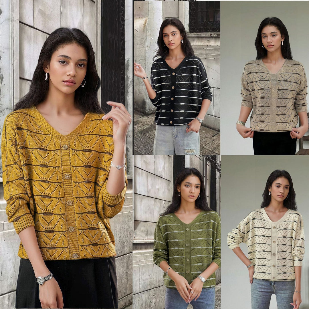 Knit jacket for women with an elegant V-neck and a fine Lune London pattern