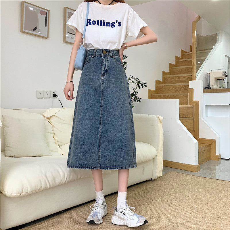 Jupe en jean longue pour femmes avec découpe haute et coutures décoratives Chic & Stil