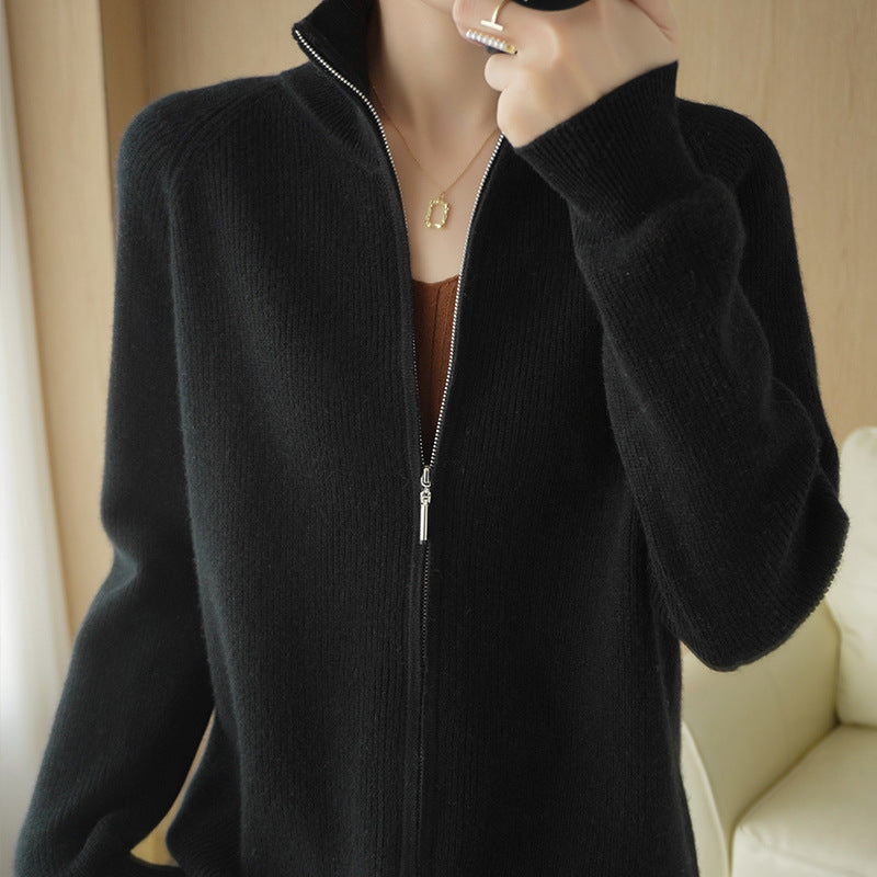 Knitted jacket for women with high collar and full zip Lune London