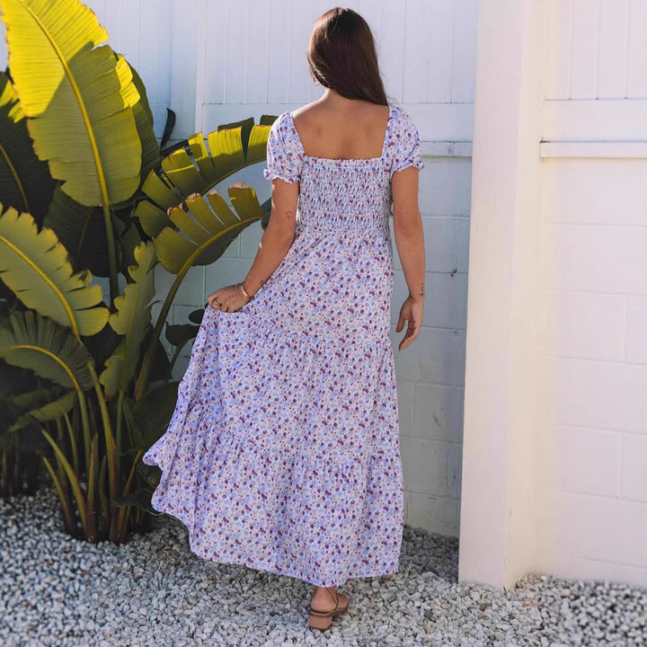 Maxi dress for women with nostalgic floral pattern and elastic top Lune London