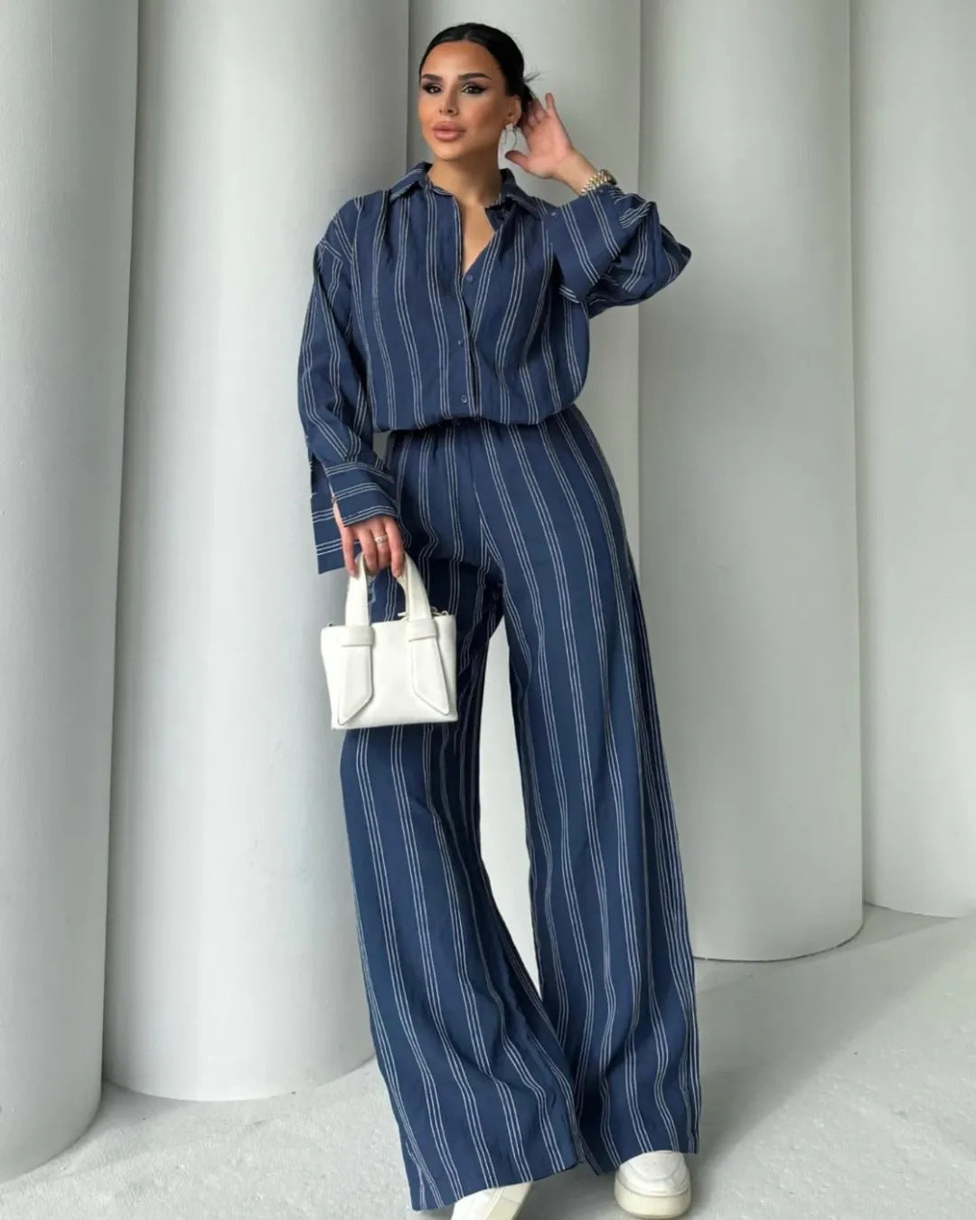 Striped lounge set for women with wide pants and loose blouse Lune London