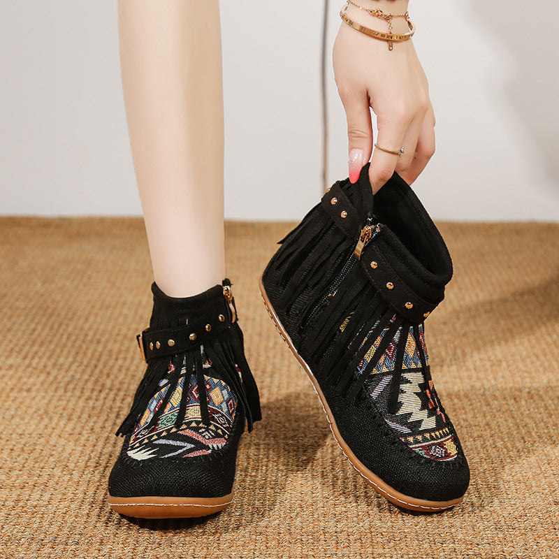 Short fringe boots for women made of high-quality fabric with a colorful ethnic pattern Lune London