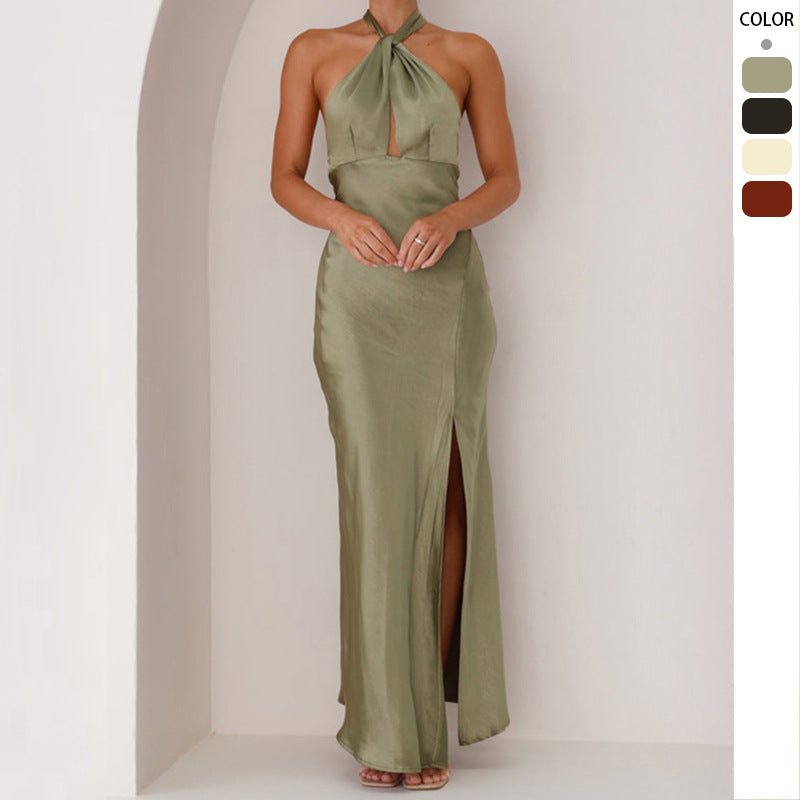 Maxi halter neck dress for women with side slit and sparkling fabric Chic & Stil