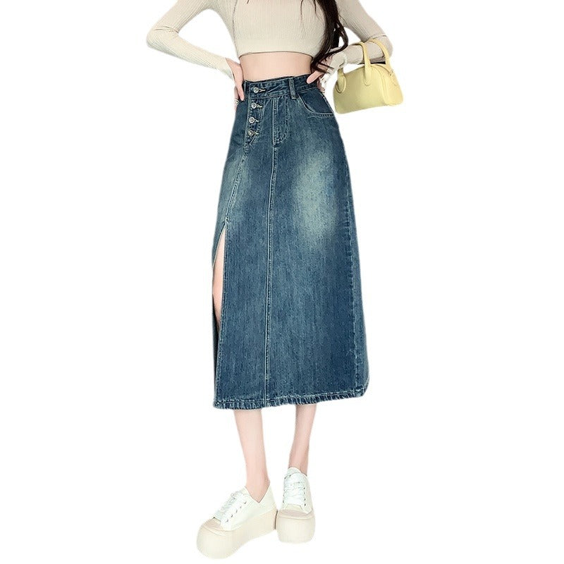 Jupe en denim longue pour femmes avec fente frontale Chic & Stil