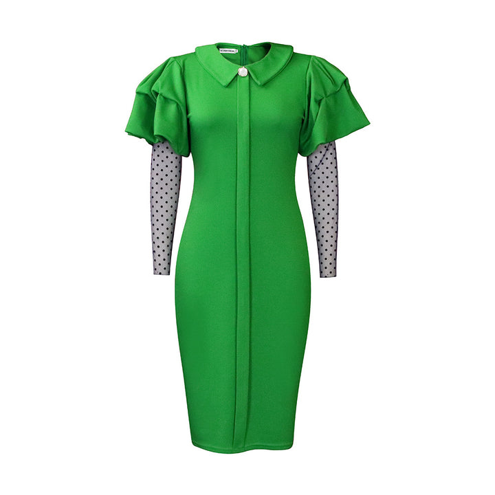 Sheath dress for ladies with puff sleeves and polka dot inserts Lune London