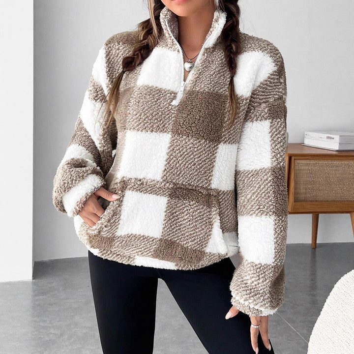 Ladies Plush Tartan Sweater with Half Zip Lune London
