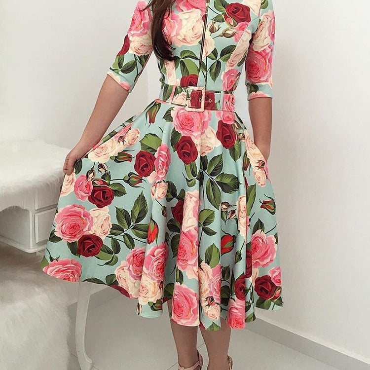 Robe midi femme avec imprimé floral et ceinture à la taille Chic & Stil