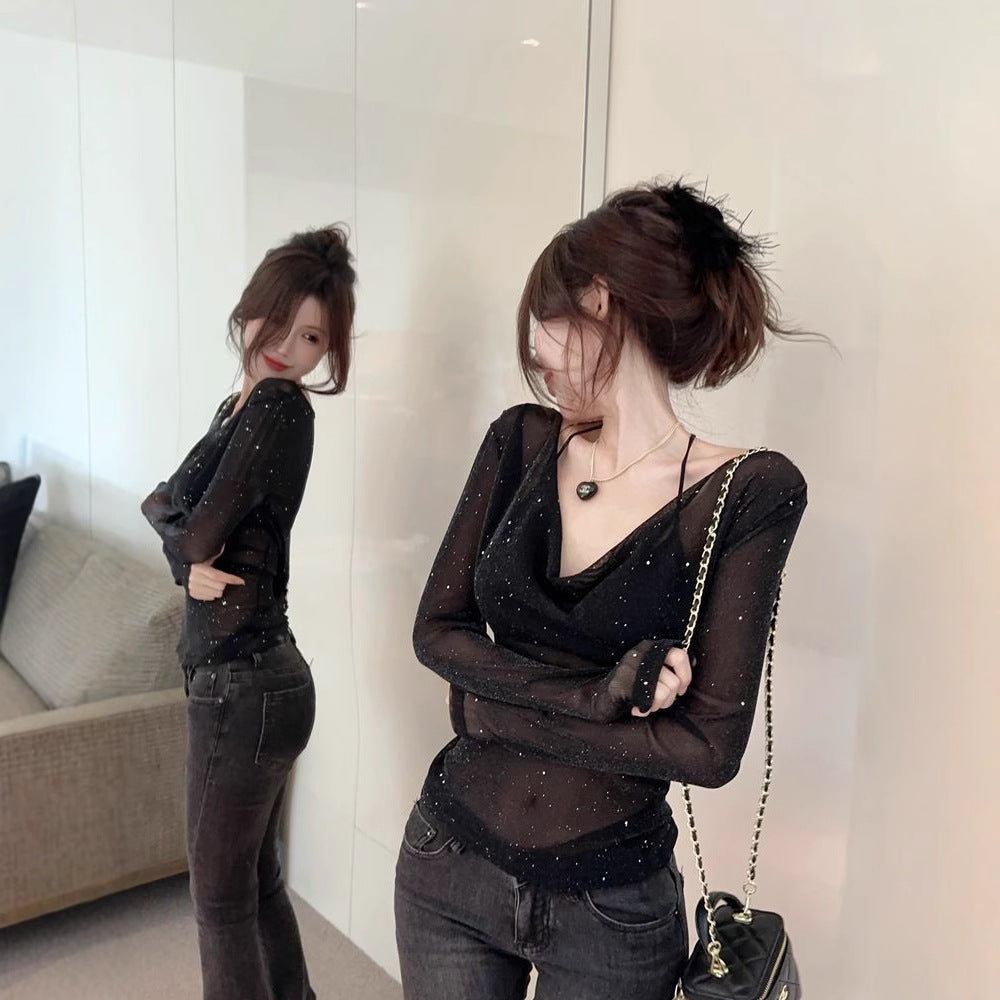 Women's sparkling long-sleeve top with deep V-neck and transparent details Lune London