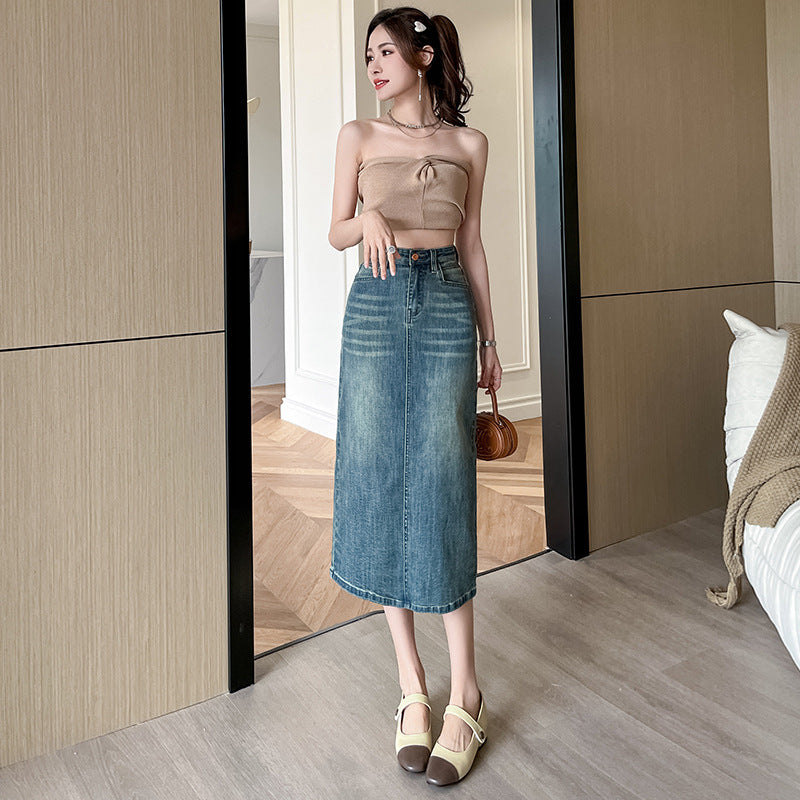 Jupe longue en denim pour femmes avec fente avant Chic & Stil