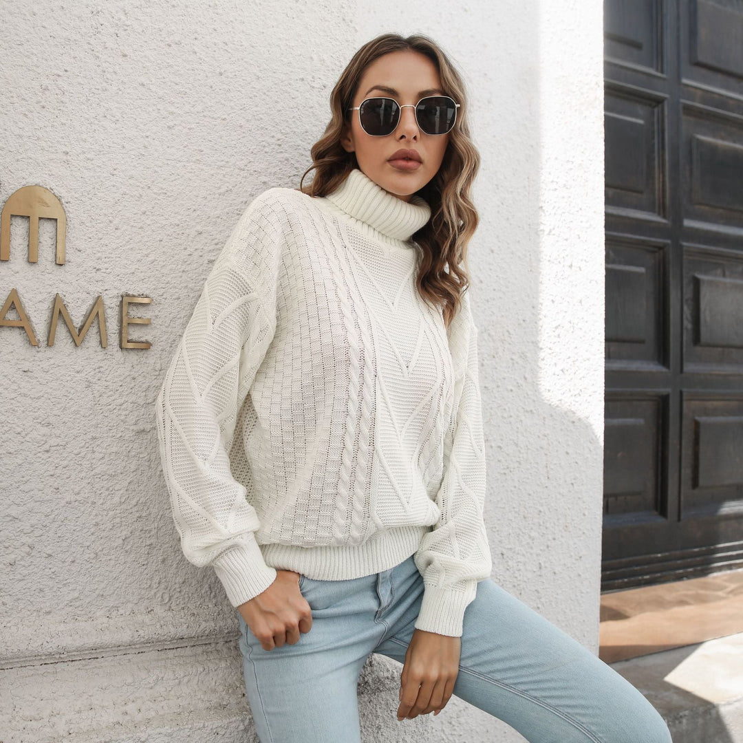 Women's Knitted Pullover with Textured Cable Pattern and Turtleneck Lune London