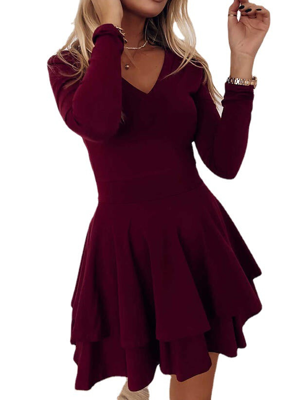 Women's V-Neck Dress with Voluminous Skirt and Long Sleeves Lune London