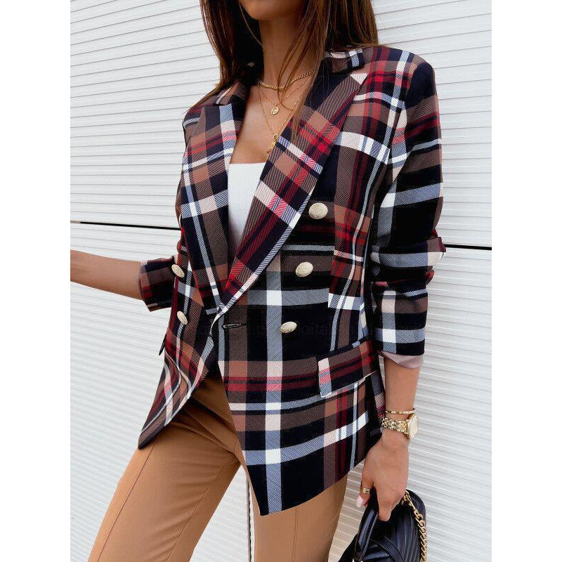 Custom tailored plaid double-breasted blazer for ladies Lune London