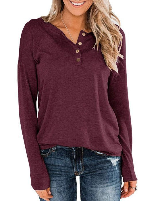 Women’S Fashionable Long Sleeve Henley Shirt with Button Placket Lune London