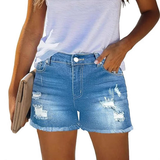 Women Destroyed Denim Shorts with Frayed Hems and Casual Fit Lune London