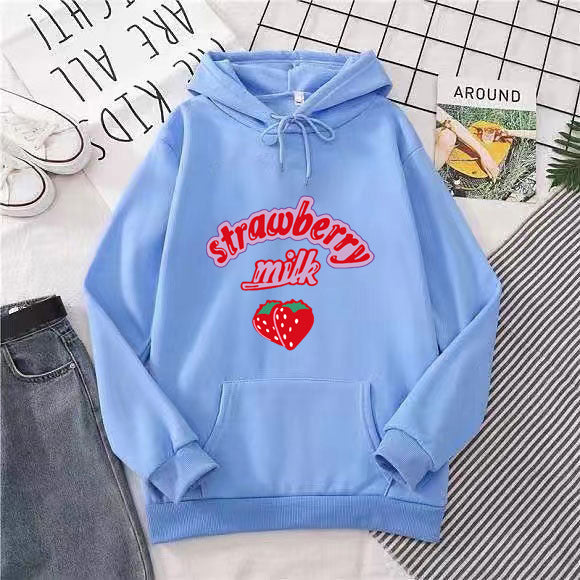 Ladies hooded sweatshirt with cheerful strawberry milk design Chic & Stil