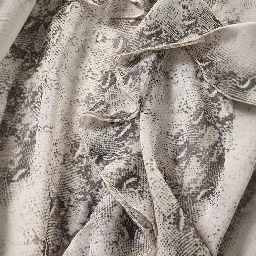 Ladies elegant chiffon blouse with ruffles and snake pattern Lune London